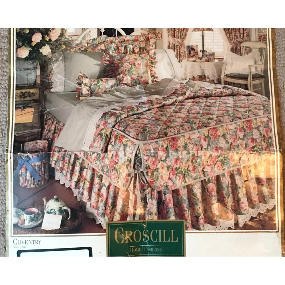Vintage Croscill Coventry Queen Floral Coverlet 2 Shams Bedskirt Cottagecore